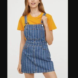 Women 4 H&M Divided Bib Overall Denim Jean White Striped Blue Dress Jumper